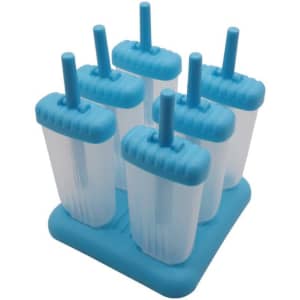 A blue silicone popsicle mould featuring six clear containers with matching lids and sticks, set on a base.