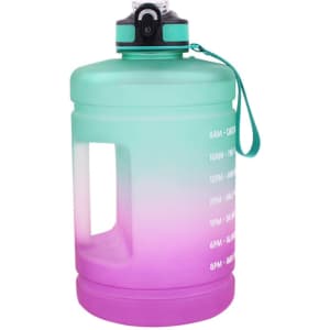 A drink bottle in a gradient of teal and pink, featuring a handle and measurement markings. It has a logo on the cap.
