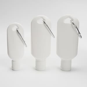 Three white gel bottles with carabiners, available in varying sizes, featuring a simple design and secure caps.