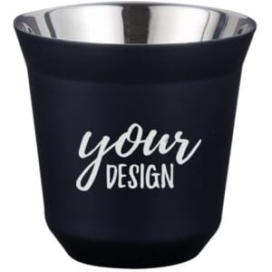 A stainless steel double wall espresso cup in black with a silver inner surface and a branding logo.