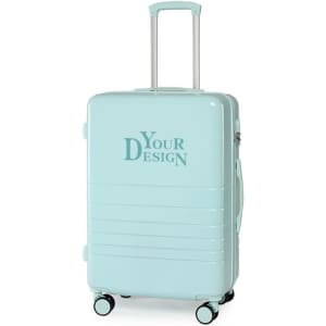 A light blue 24-inch wheeled suitcase with a handle and four wheels, featuring a logo on the front.