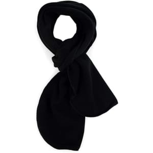 A black polar fleece scarf, neatly folded, with a soft and warm texture. It features a logo on one side.