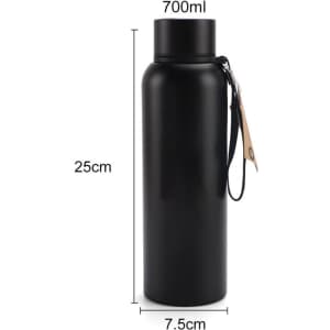 A drink bottle in matte black, featuring a cylindrical design, a black lid, and a detachable strap.