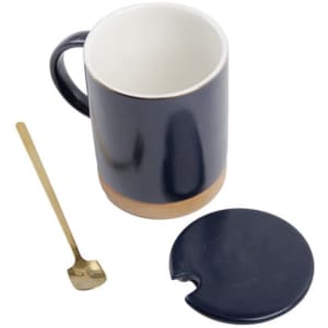 A navy ceramic mug with a wooden bottom, a gold spoon, and a matching lid. Features a logo.