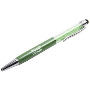 A green 2 in 1 crystal stylus pen featuring a shiny metal clip and a clear barrel with glitter.