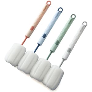 A set of four detachable long handle cup sponges in pastel colours: peach, blue, green, and white. Each has a logo.