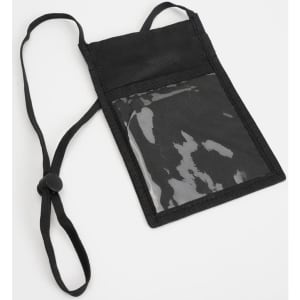 A black neck pouch with a transparent front pocket and adjustable cord for easy carrying. Features a logo.