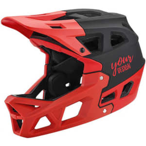 A red and black adult motocross helmet with ventilation openings and a logo.