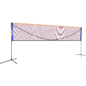 A portable badminton net with a blue and orange top, featuring pole supports for stability. Ideal for outdoor leisure.