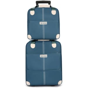 A two-piece lightweight suitcase set in blue with handle and wheels, featuring a logo on the front.