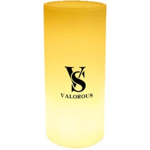 A cylindrical LED illuminated flower pot in soft yellow with a logo on the front.