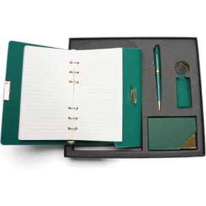 A6 PU spiral notebook gift set in teal, featuring a notebook, pen, keyring, and cardholder in a gift box.