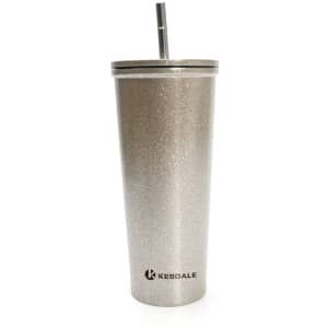 A drink bottle featuring a silver glitter finish, with a sturdy stainless steel body and a straw. It has a logo.
