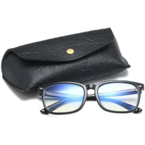 A black sunglasses case with button closure and a pair of sunglasses displaying blue-tinted lenses.