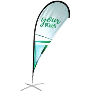 A tall, teardrop-shaped advertising flag banner with a light blue background and green design elements, mounted on a silver base.