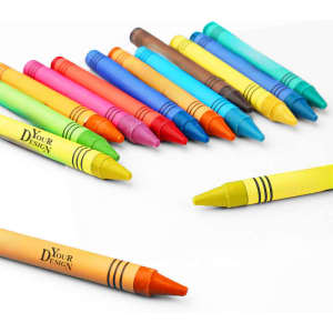 A collection of 24 coloured crayons in various shades, including yellow, green, blue, pink, and orange, with branding.