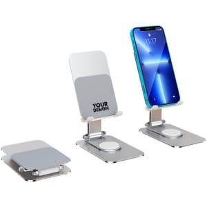 A foldable phone stand holder in grey and silver, featuring a logo and designed for 360-degree rotation.