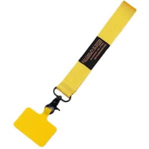 A yellow universal phone wrist lanyard featuring a flat clip for securing items, with a logo present.
