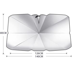 A car windshield sun shade umbrella in silver with dimensions of 126cm by 140cm and a central fastening.