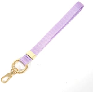 A lilac nylon phone lanyard featuring a gold ring and clasp for securing devices.