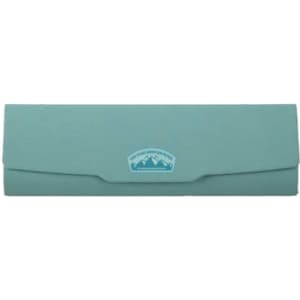 A foldable glasses case in a teal colour, featuring a logo on the front.