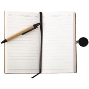 A6 pocket magnetic lock notebook with lined pages and a pen resting on the open pages. Features a black cover and magnetic clasp.