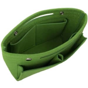 A green multi pocket felt insert purse organiser with several compartments inside. Features a logo on the exterior.