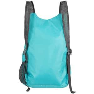 A light turquoise foldable backpack with grey mesh straps and adjustable buckles. It features one side pocket and a logo.