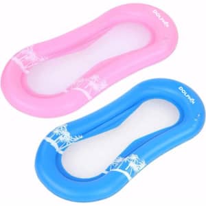 A pink and blue printed pool lounger float, featuring palm tree designs and a transparent centre, with a logo visible.