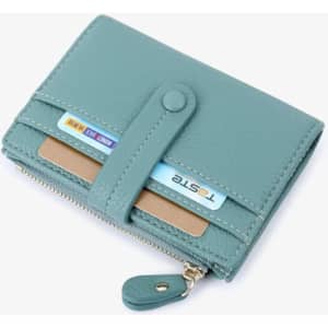 A teal multi-card wallet featuring a zip closure, card slots, and a button fastener. It includes a logo.