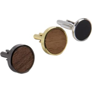 Three cufflinks in black, gold, and silver finishes, featuring a wooden centrepiece on the black and gold designs.