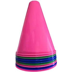 A pink megaphone and popcorn holder with multi-coloured accents, stacked in a conical shape.