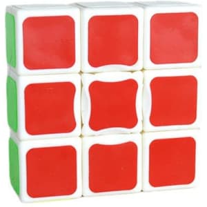 A 1x3x3 Magnetic Speed Cube featuring red and green squares on a white base, with a logo on one side.