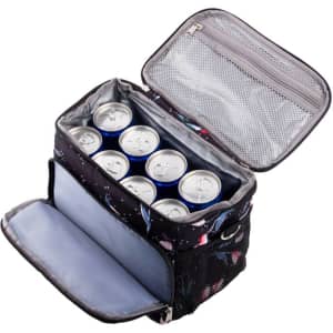 A large capacity insulated lunch bag in black with a colourful design, filled with cans and featuring a zippered compartment.