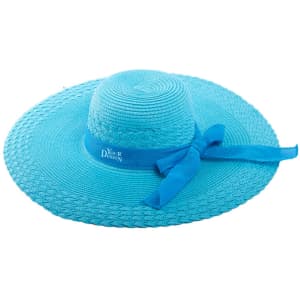 A wide-brimmed straw hat in vibrant blue, featuring a coordinating bow and a logo.