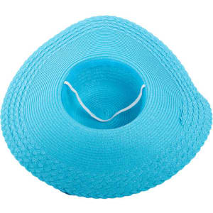 A wide-brim floppy straw hat in bright blue, featuring a circular opening and internal strap. It has a textured finish.