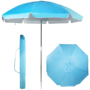 A blue beach umbrella with a silver pole, featuring a protective covering and a matching carry case.