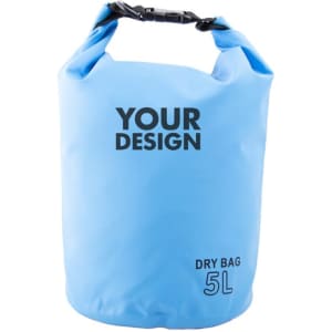 A 5L waterproof dry bag in blue with a handle and a logo, suitable for outdoor use.