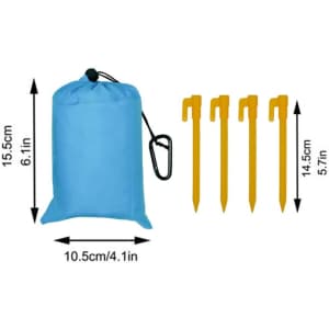A blue drawstring pouch with four yellow pegs beside it. The pouch features a loop for attachment.