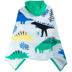 A hooded cotton beach towel featuring colourful dinosaur patterns, primarily in blue, green, yellow, and black.