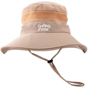 A beige mesh breathable fishing boonie hat featuring a wide brim and an adjustable string. It has a logo on the front.