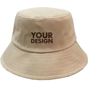 A beige unisex cotton bucket hat featuring a logo or branding, designed for lightweight wear.