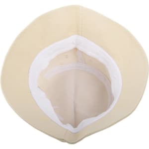 A beige unisex cotton bucket hat with a white inner lining, featuring a branded logo inside.