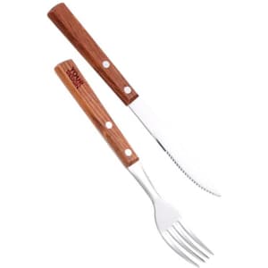 A steak knife and dinner fork set with wooden handles and stainless steel blades, featuring a logo on the knife.