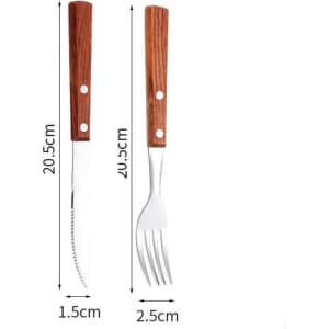 A steak knife and dinner fork set with wooden handles and stainless steel utensils, featuring a logo.