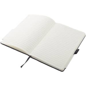A hardcover PU leather notebook in black, open to show classic ruled pages inside.