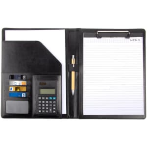 A4 faux leather padfolio in black, featuring a clipboard, calculator, card slots, and notepad.