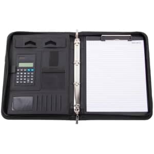 A4 black PU leather zippered conference folder featuring a calculator, pockets, and a writing pad.