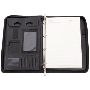A4 black PU leather zippered padfolio featuring a handle, interior pockets, and lined paper.