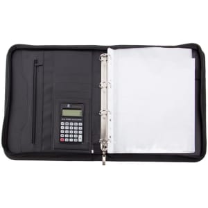 A zippered black leather 4-ring binder padfolio featuring a calculator and clear plastic sleeves.